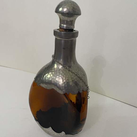 Vintage ROYAL HOLLAND Pewter Amber Pinched Glass Decanter And Scotch Hanging Tag - Picture 10 of 11